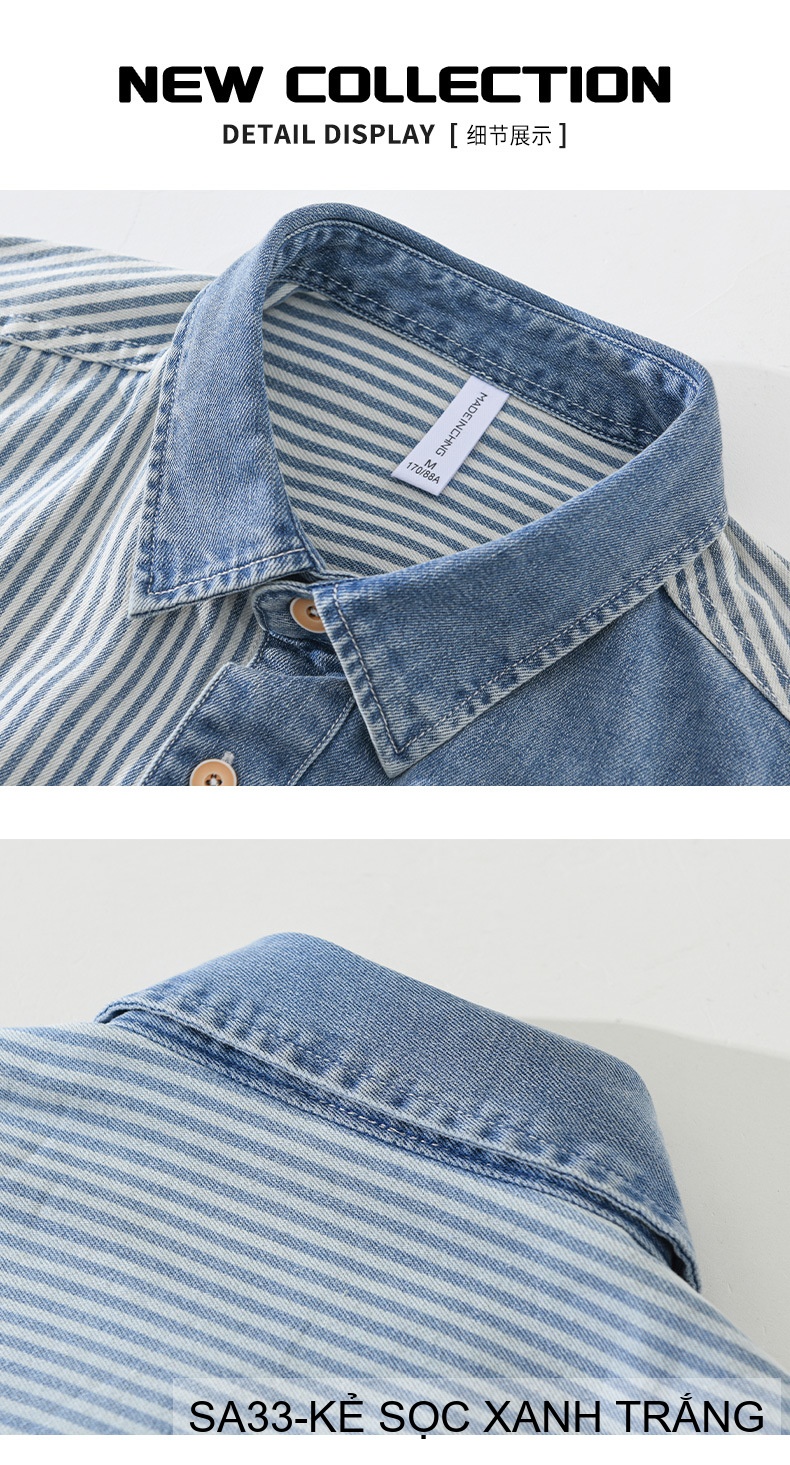 SA33 - Áo sơ mi nam kẻ sọc xanh trắng phong cách Hồng Kông, tay ngắn, chất cotton thoáng mát_thumbnail_9