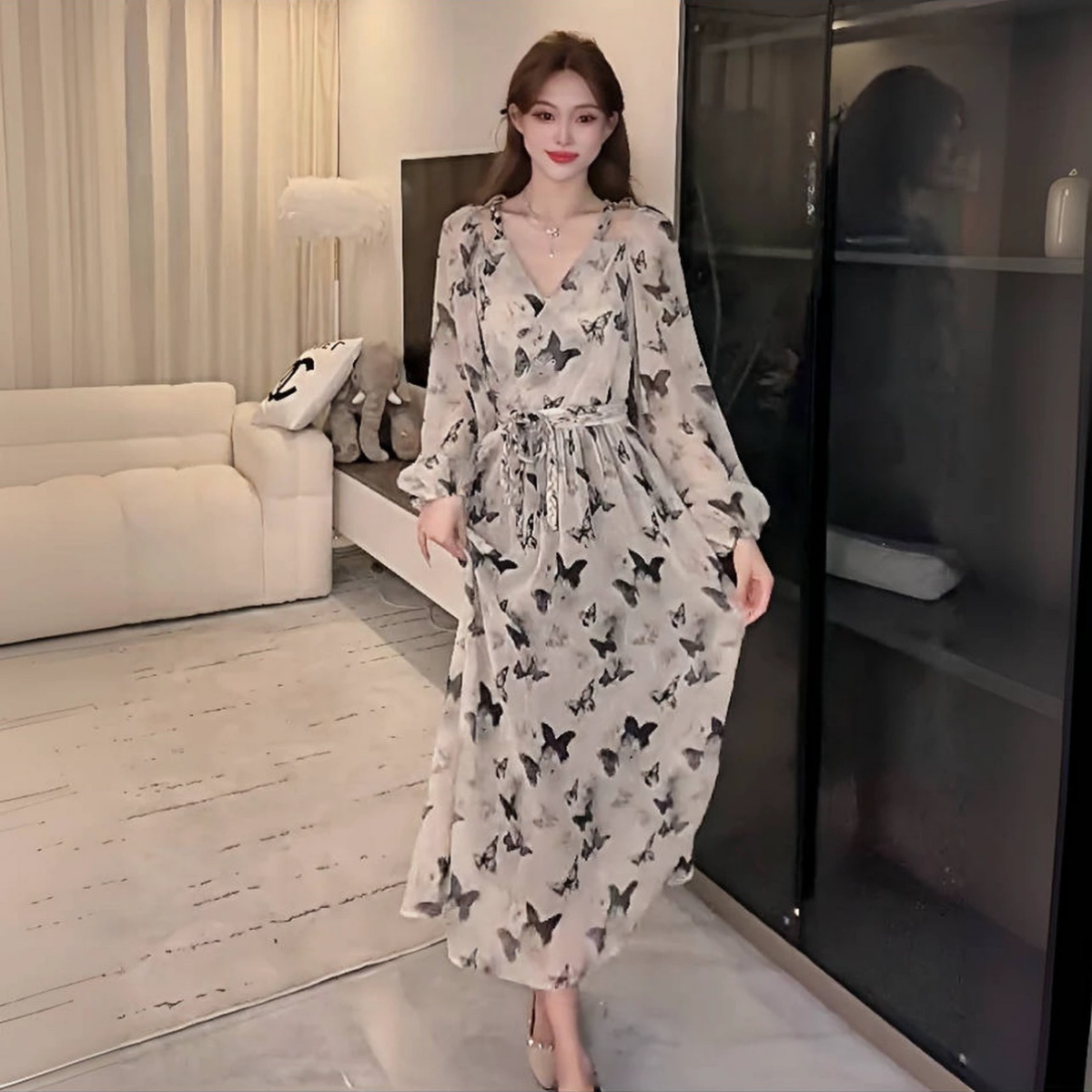 Đầm maxi bướm cổ V tay dài hàn quốc_thumbnail_0
