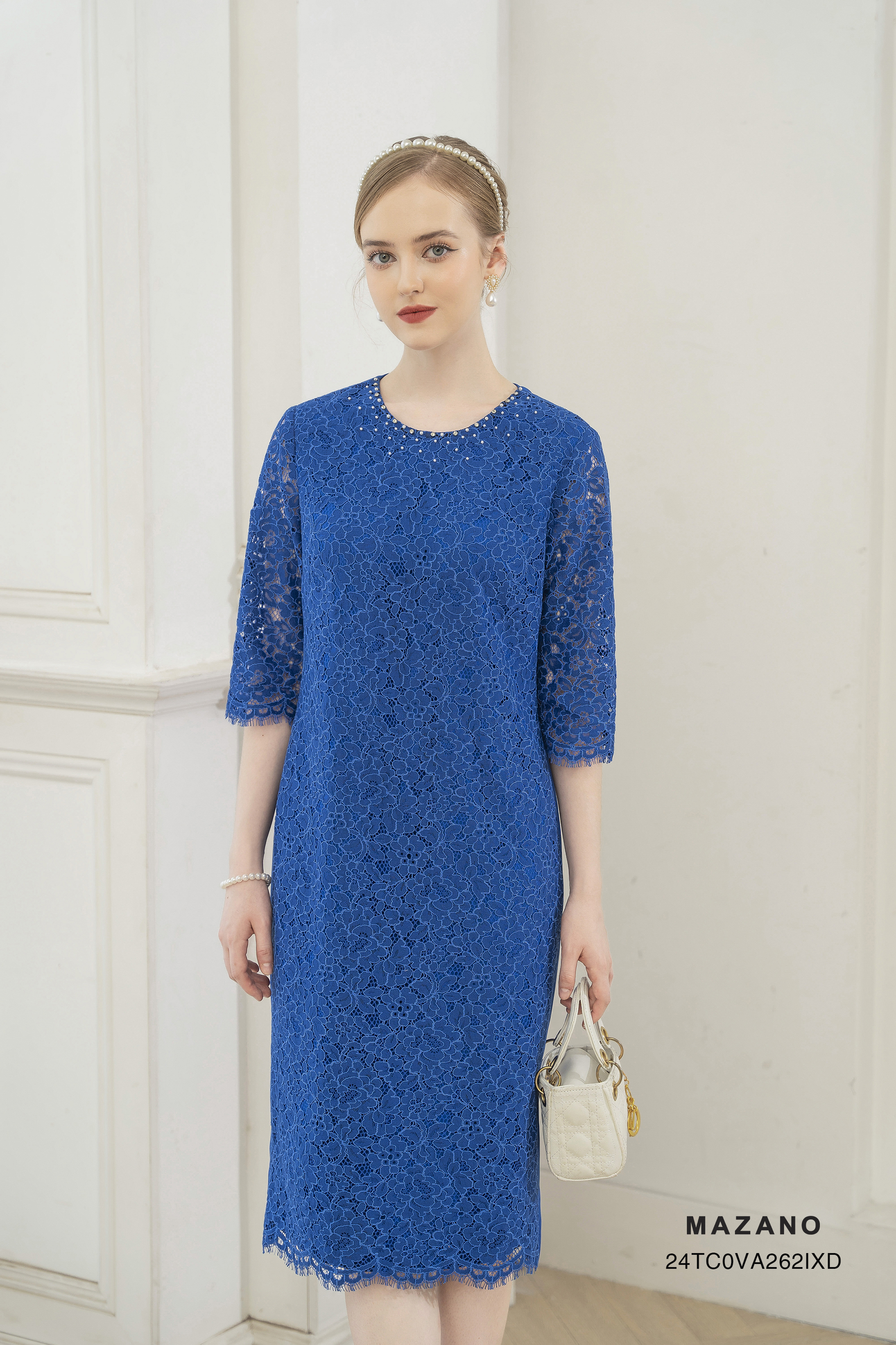 Váy Đầm suông Phối chất liệu Đính trang trí cườm trên cổ Cổ tròn Tay lỡ Dài qua gối_thumbnail_3