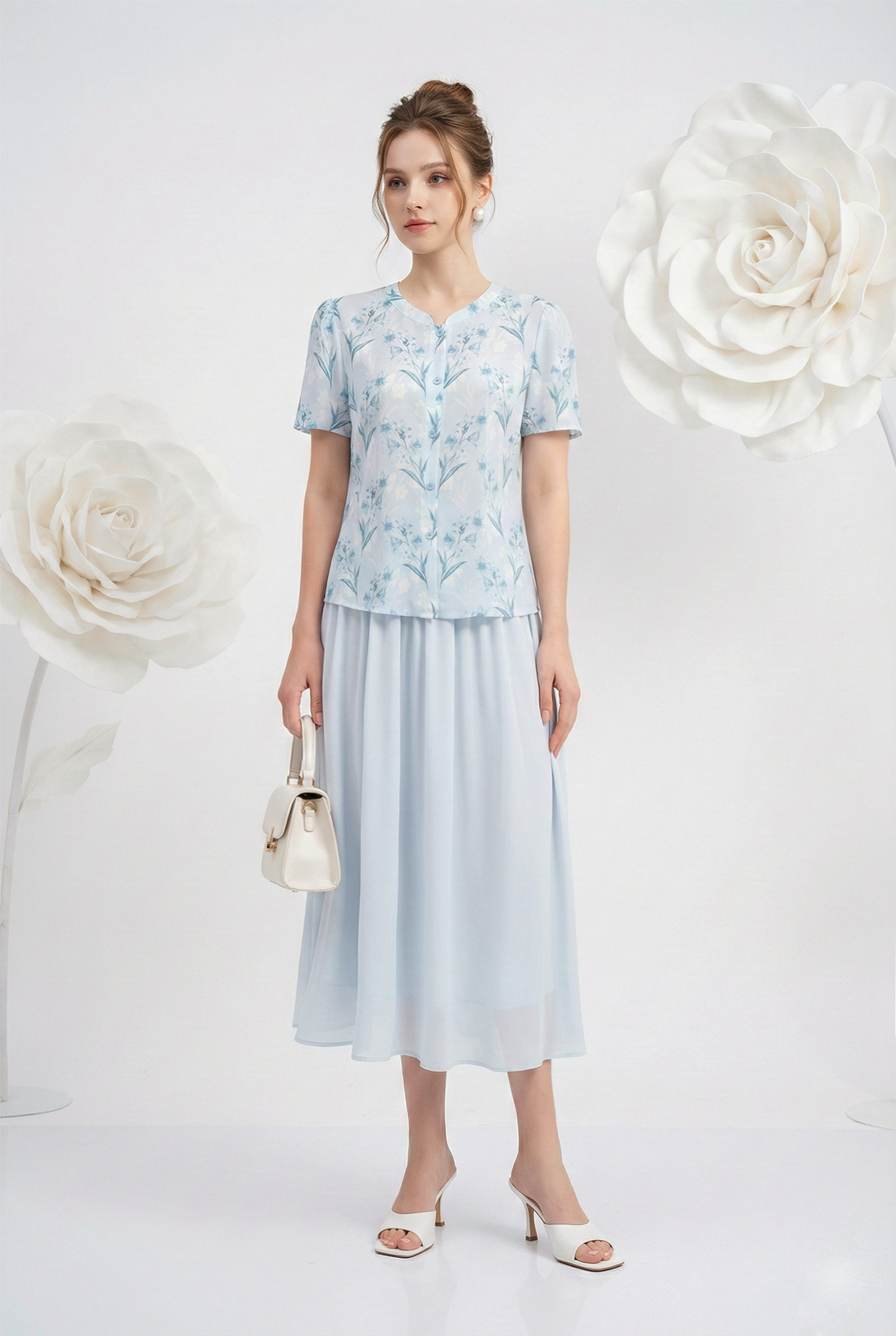 Áo sơ mi vải voan dày in hoa xanh nhạt dáng suông cổ tàu cách điệu tay ngắn thiết kế MAZANO_thumbnail_1