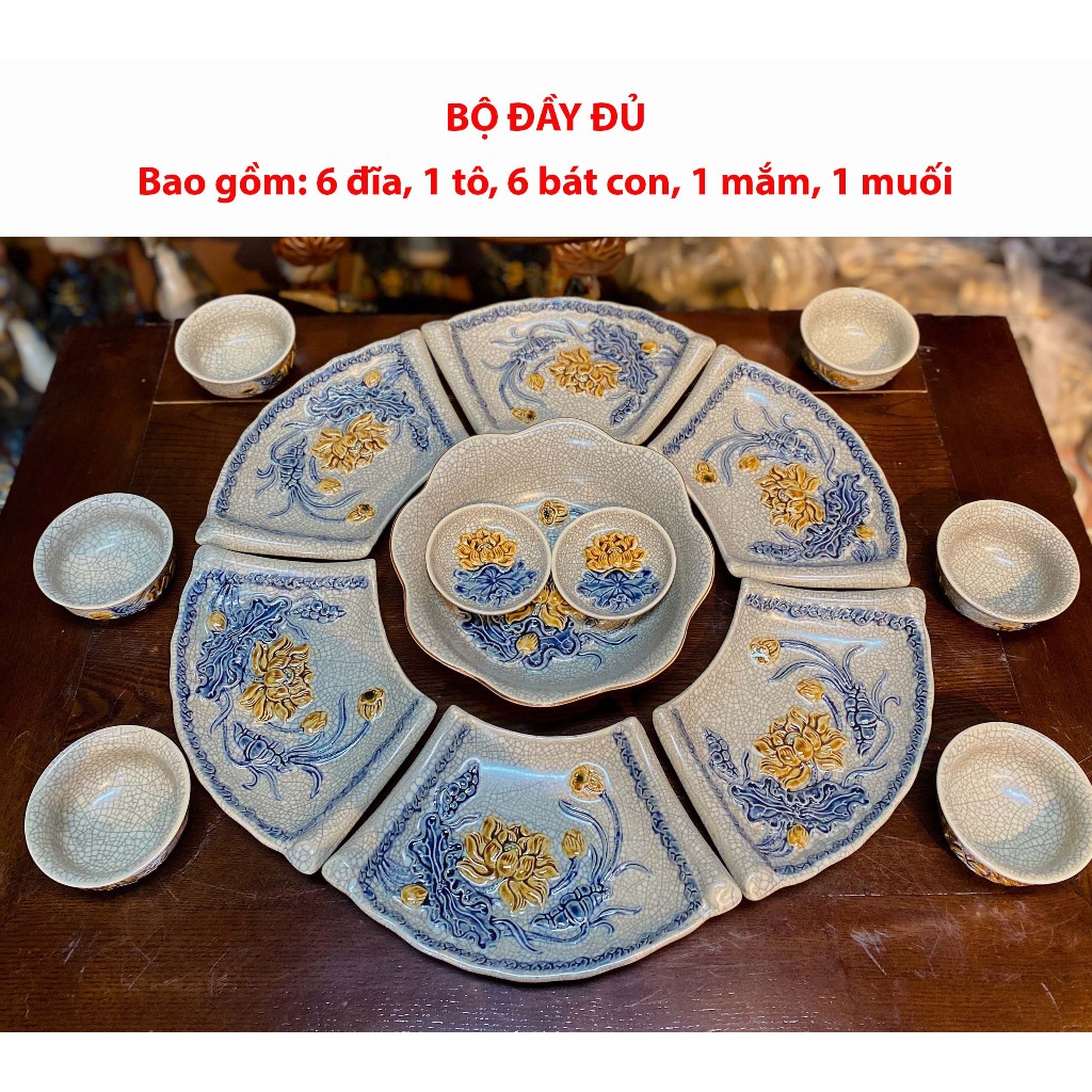 Bộ Bát Đĩa Hoa Mặt Trời - Đồ Thờ Cúng Men Rạn Đắp Nổi Bát Tràng Cao Cấp Nhiều Mẫu 45cm. 55cm_thumbnail_3