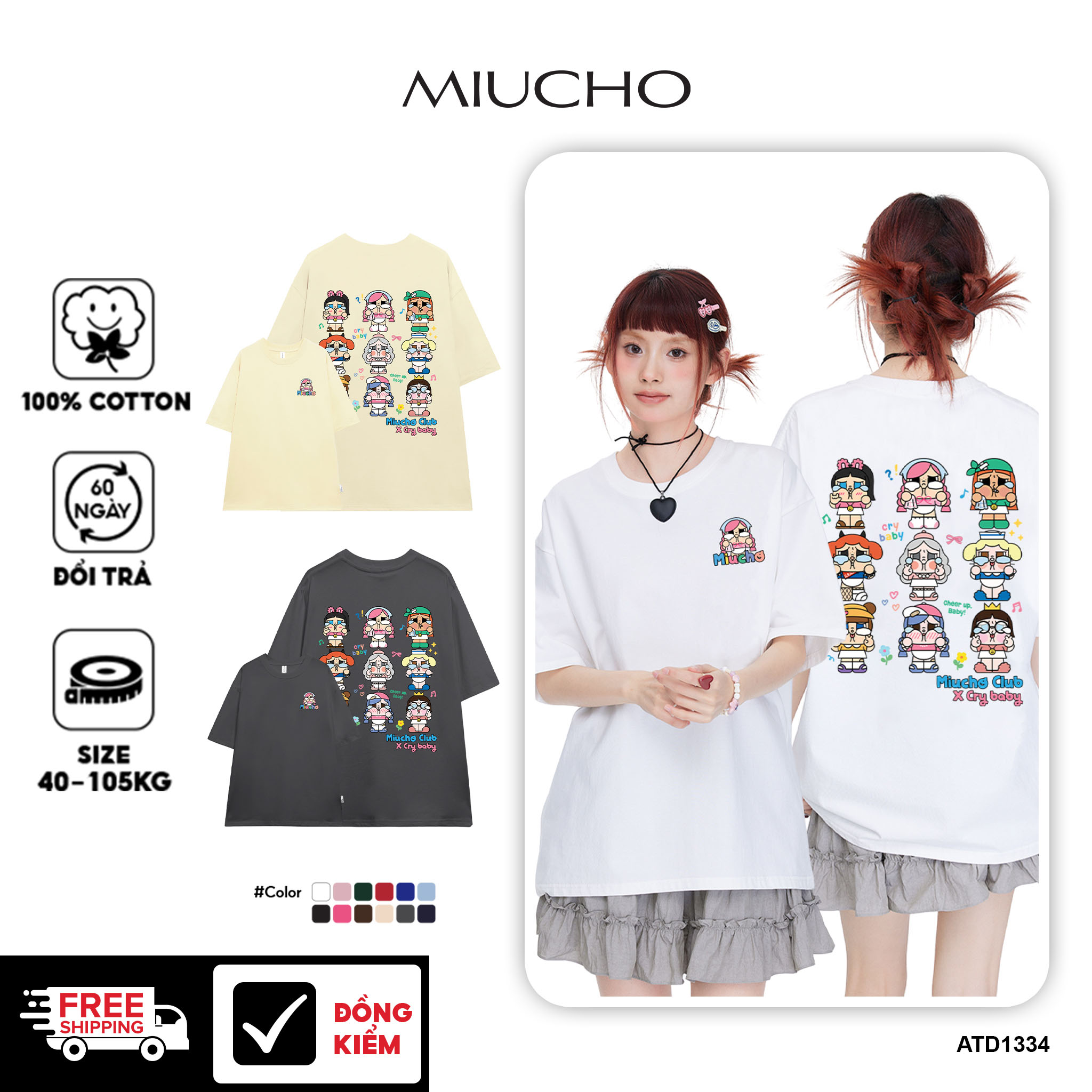 Áo thun CRY BABY nhiều màu ATD1334 Miucho form rộng vải cotton in mix