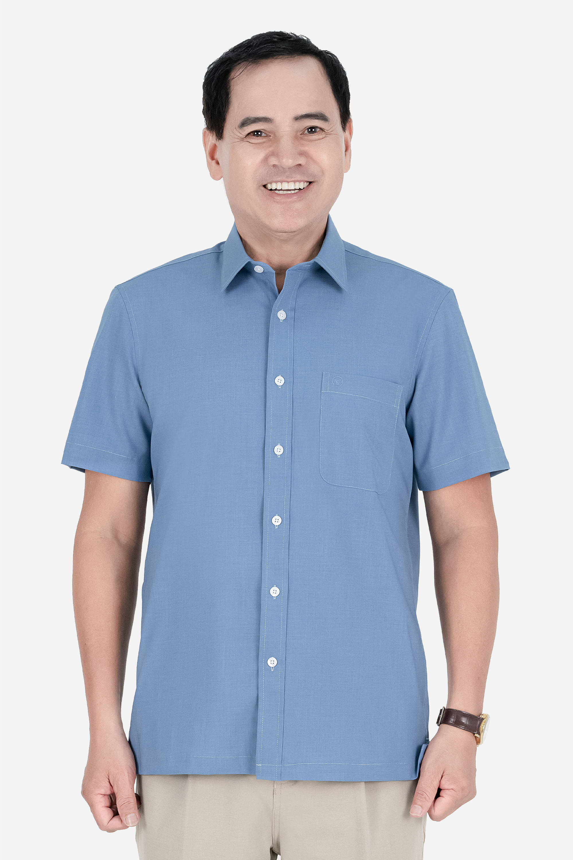 Áo Sơ Mi Trơn Cộc Tay Nam Trung Niên ANCHI Chất Liệu Sợi Gỗ Thoáng Mát Màu Xanh Nhạt