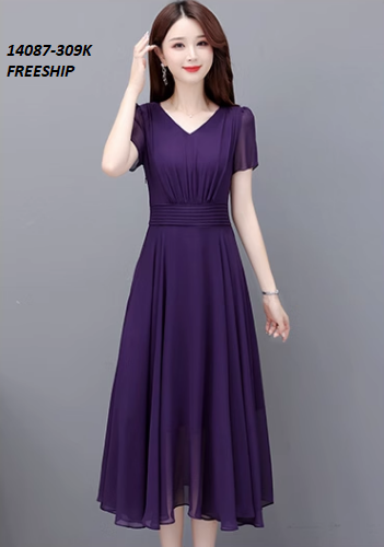 14087-Đầm xòe tay ngắn cổ V eo gấp nhún cách điệu ( voan, lót thun)FREESHIP_thumbnail_1