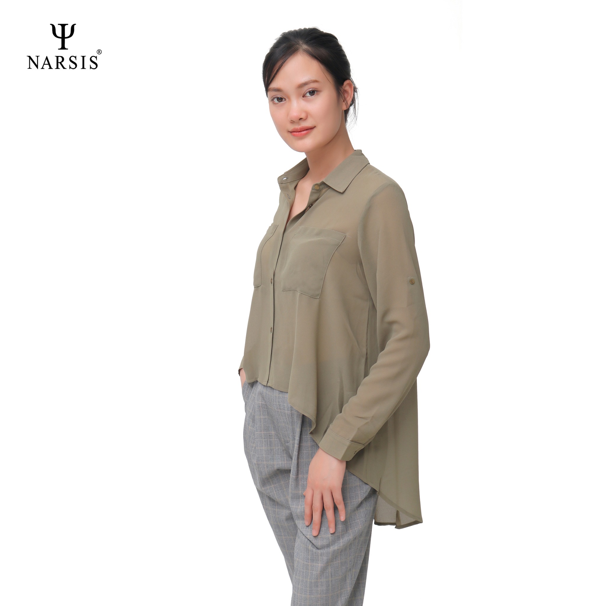 ÁO SƠ MI VOAN XANH RÊU NỮ L0003 NARSIS CHẤT LIỆU THOÁNG MÁT, DỄ CHỊU, THOẢI MÁI CẢ NGÀY, DỄ VẬN ĐỘNG_thumbnail_0