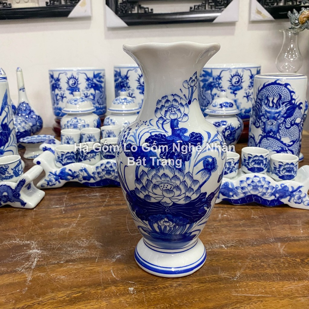 Lọ Hoa Đồ Thờ Cúng Họa Tiết Rồng - Sen 26cm, 32cm- Men Lam Cổ Cao Cấp Gốm Sứ Bát Tràng_thumbnail_1