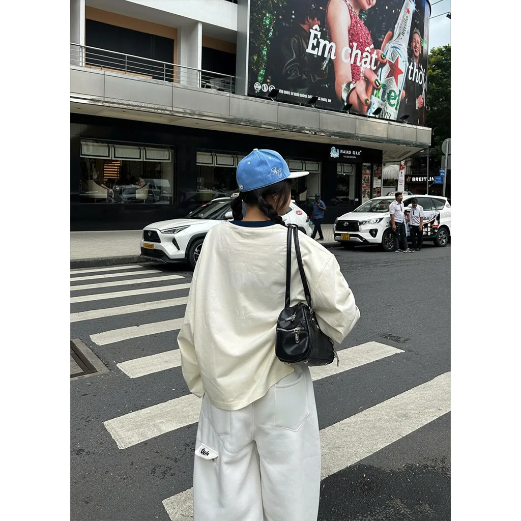 Áo thun boxy tay dài Miucho chất vải thoáng mát giữ form Powerpuff Girl phối cổ mix màu xanh đen 2815_thumbnail_8