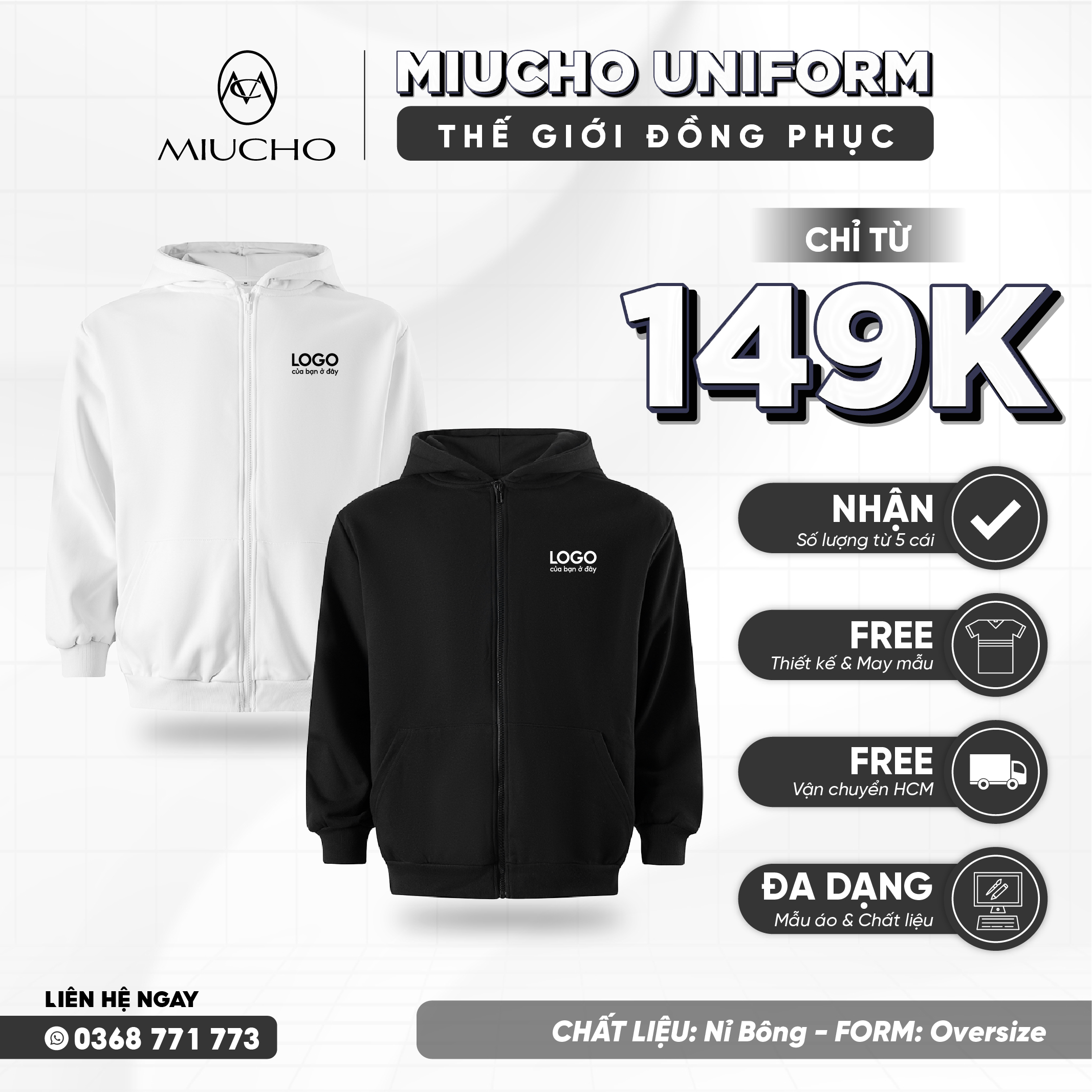 Áo hoodie zip form rộng vải nỉ bông 350 GSM HZT02 Miucho_thumbnail_1