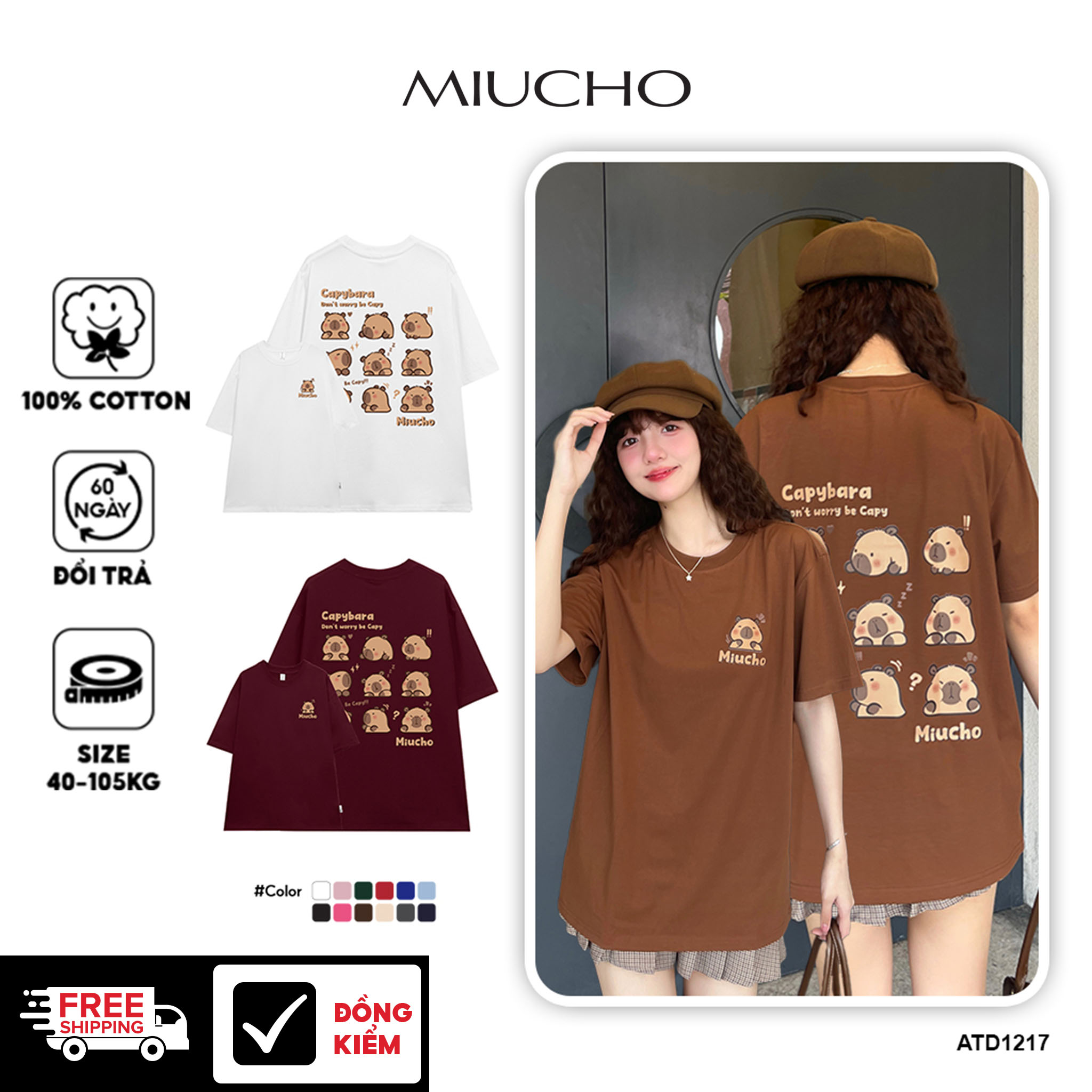 Áo thun gấu Capybara unisex form rộng tay lỡ màu xinh ATD1217 Miucho vải cotton thoáng mát cổ tròn in mix_thumbnail_24