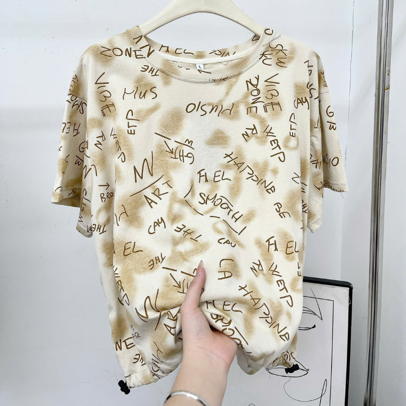 Áo Thun T-Shirt Cổ Tròn in Chữ , Lai luồn dây rút TR23