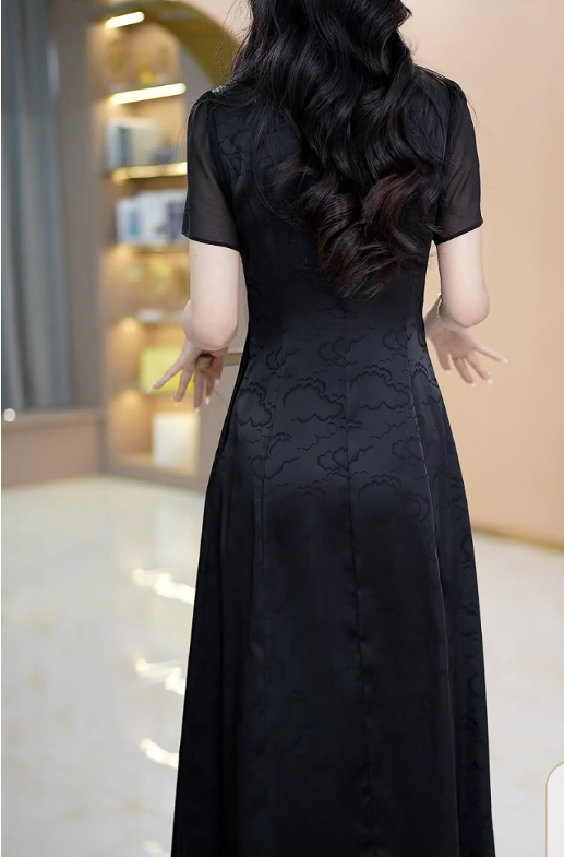 17778-Đầm  lụa đen vân gấm 3D phối voan  cổ tàu kết nút ( lụa, voan)_thumbnail_1