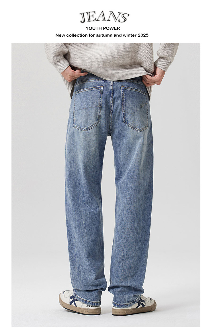 Quần jean thẳng co giãn phong cách retro Mỹ dành cho nam mùa thu phong cách mới quần dài ống rộng rộng rãi mùa thu đông