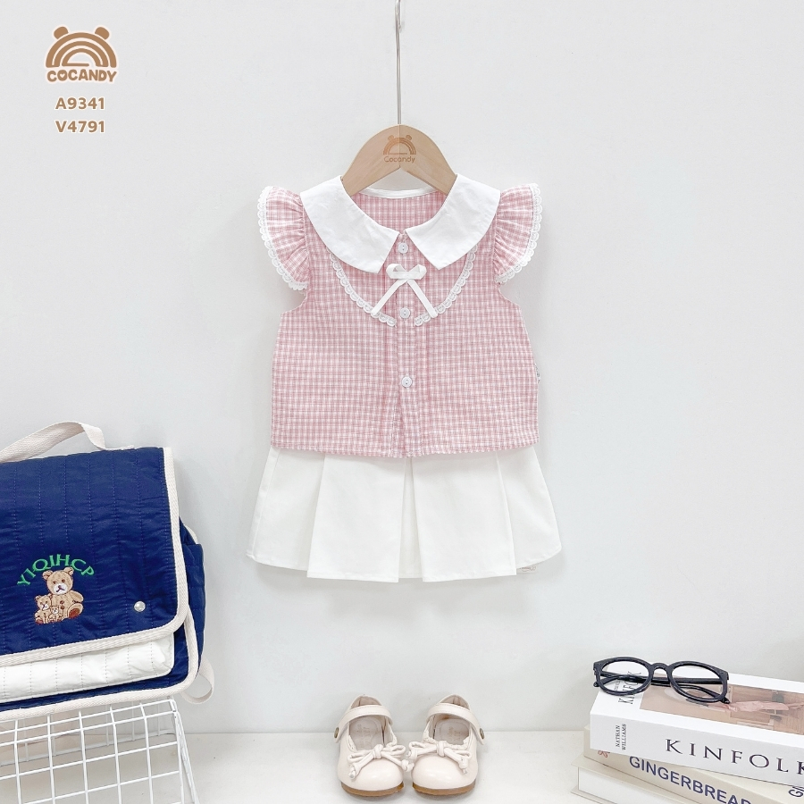 Áo cộc caro HỒNG tay cánh tiên cổ nẹp tròn_thumbnail_1