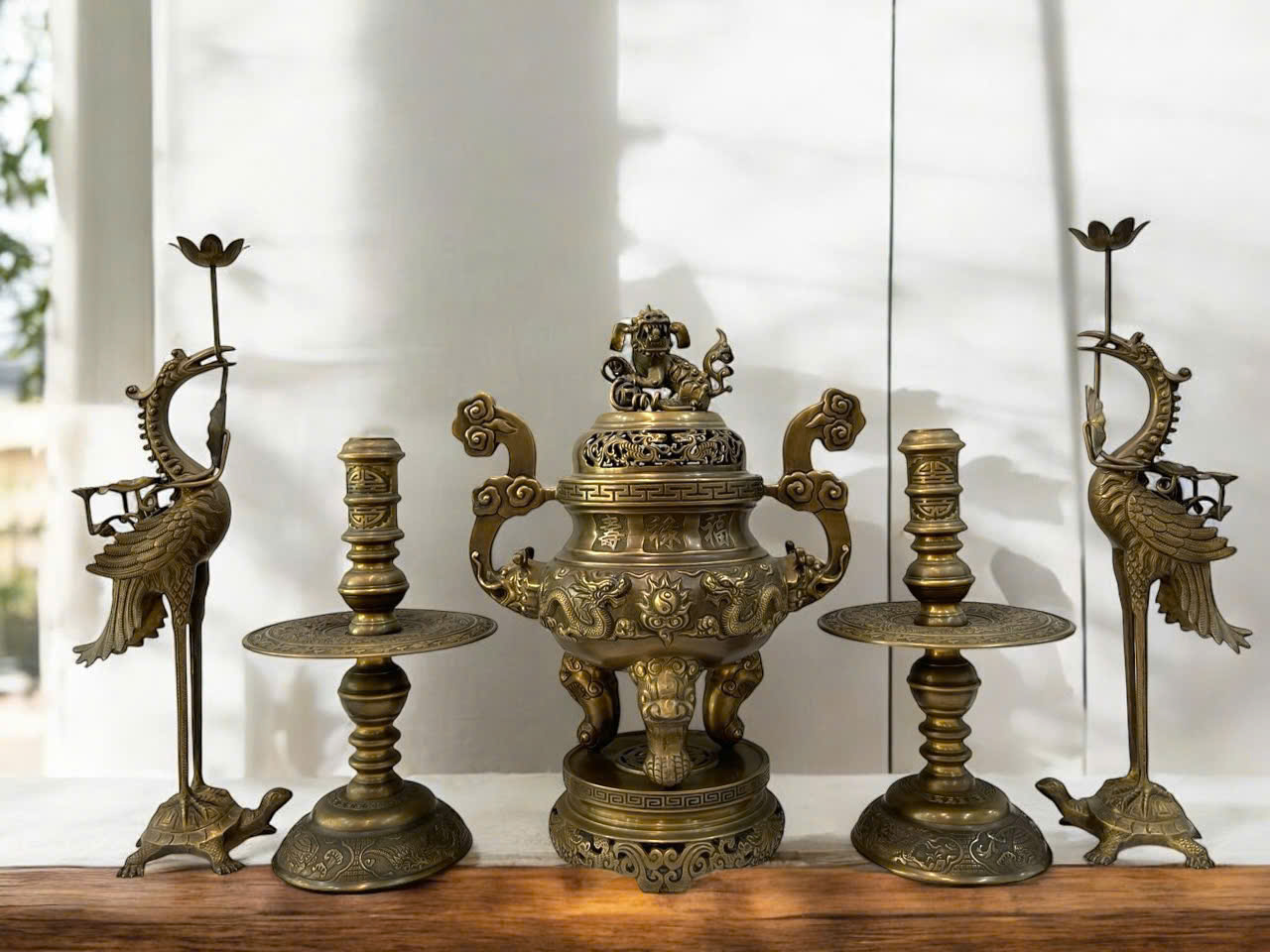 Bộ ngũ sự đỉnh rồng cao 60cm hun màu giả cổ 