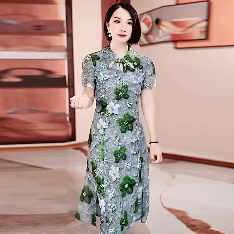 17894-Đầm suông A hoa xanh  cổ tàu kết nút  ( voan lụa, lót)_thumbnail_3