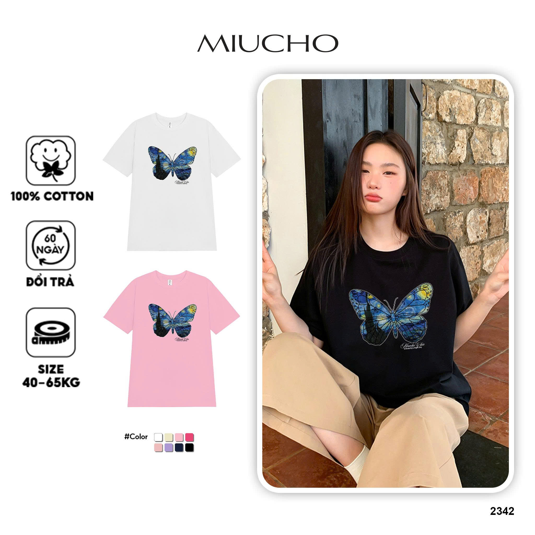 Áo thun nữ form vừa regular hình bướm ARD2342 Miucho vải cotton thoáng mát mềm mại co giãn