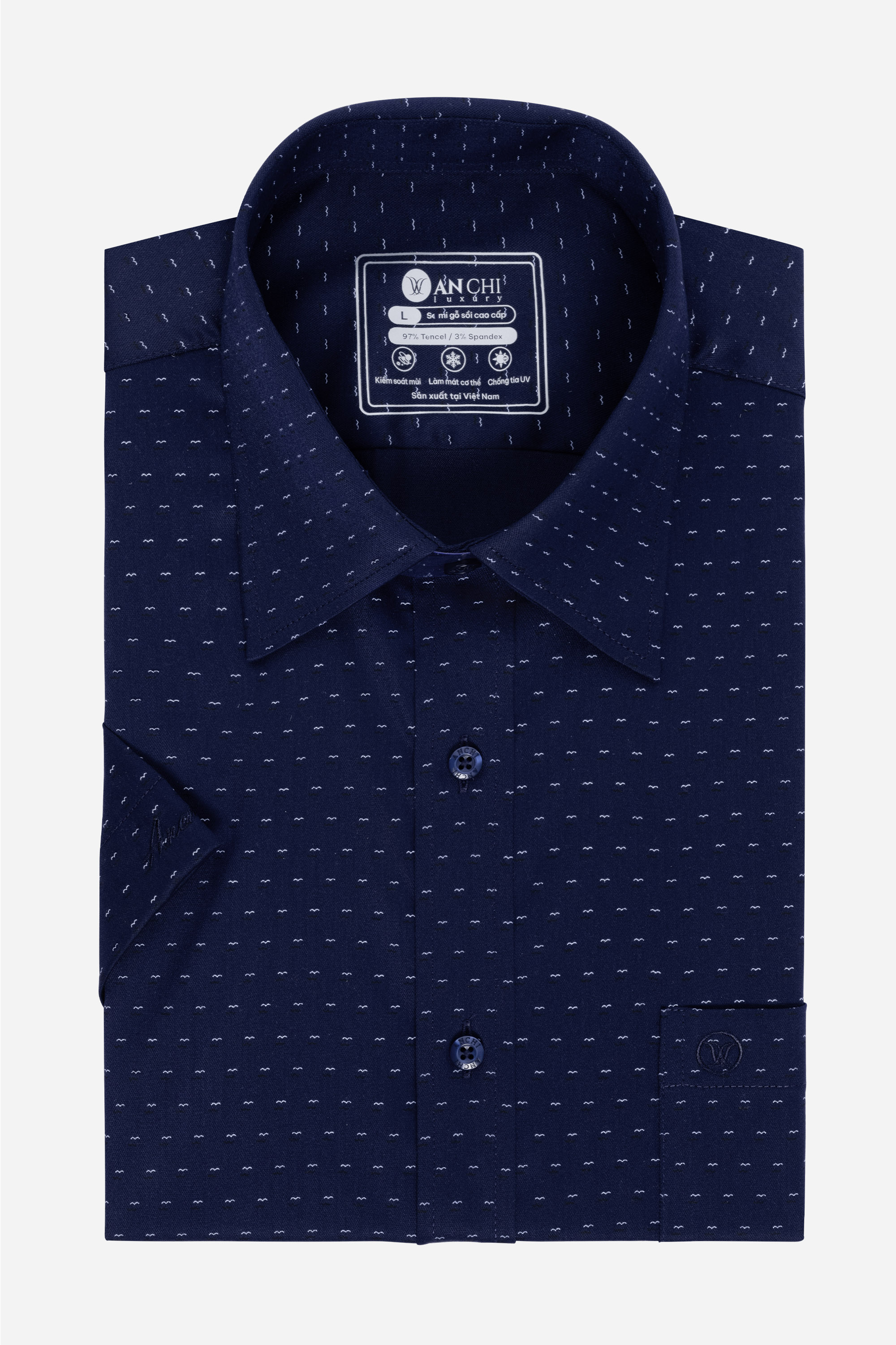 Sơ Mi Cộc Tay Họa Tiết Nam Trung Niên ANCHI Chất Liệu Sợi Sồi Cao Cấp Phom Suông Vạt Ngang Màu Xanh Than