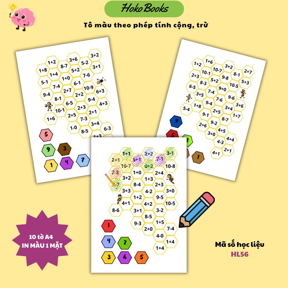 HL56 Học liệu Tô màu theo phép tính cộng, trừ Hokobooks