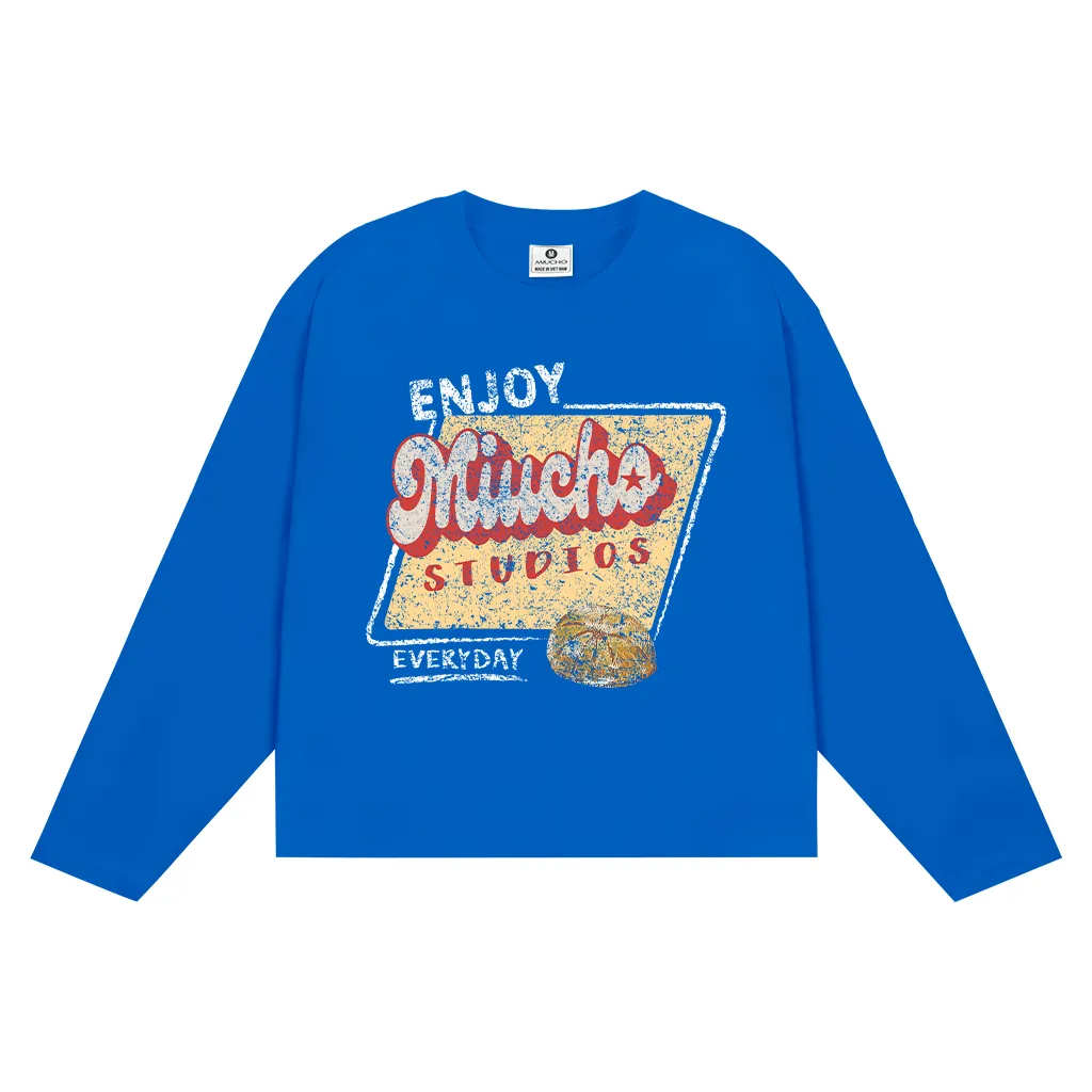Áo thun boxy unisex tay dài Enjoy Miucho Studios 2646 vải cotton thoáng mát co giãn 2c cổ tròn in mix