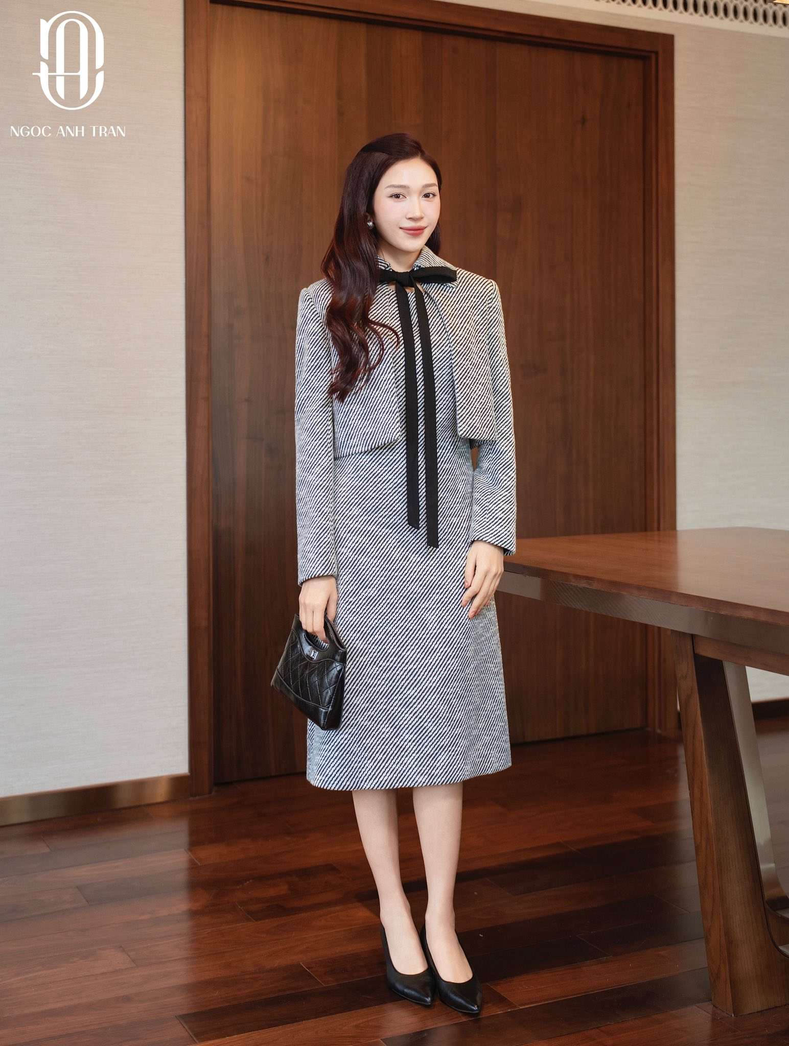 A245 - Set áo kiểu dài tay phối váy liền hoạ tiết đan chéo_thumbnail_2