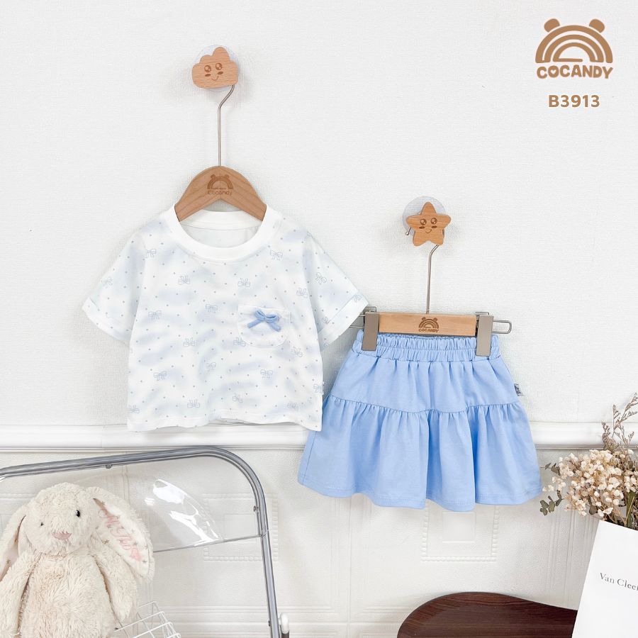 Bộ váy cộc XANH TRẮNG phối túi ngực nơ nhỏ_thumbnail_0