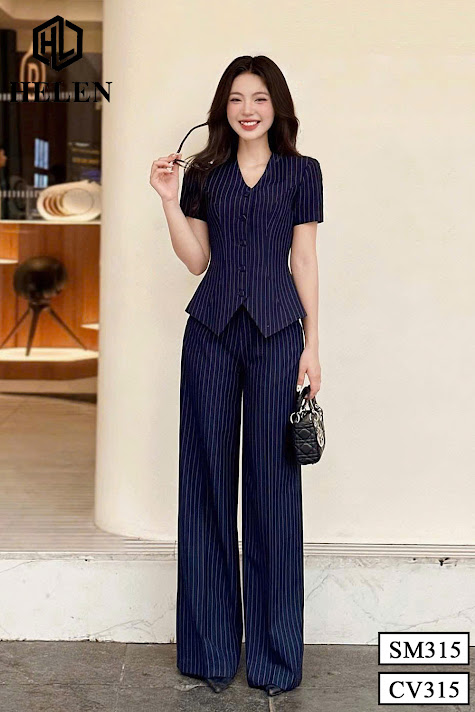 SET sơ mi + quần suông kẻ xanh than SET315Q