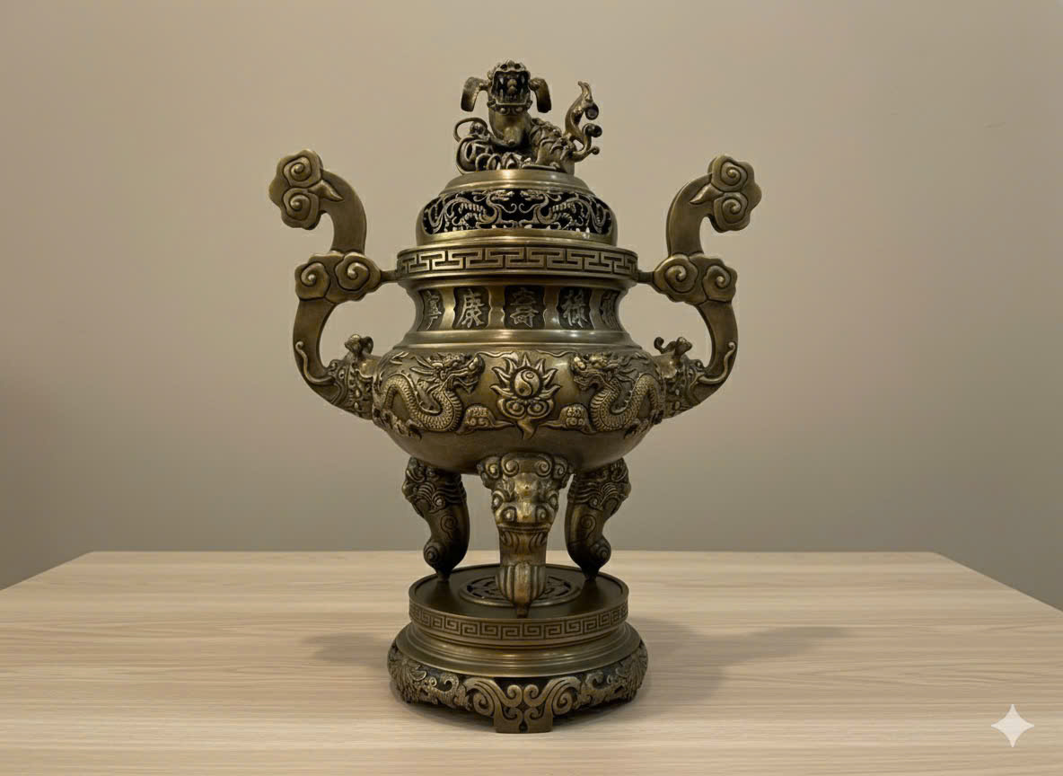 Bộ đỉnh thờ tam sự cao 60cm đồng vàng hun màu giả cổ _thumbnail_2