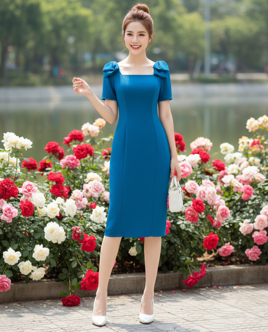 Đầm body cổ U phối nơ vai thanh lịch_thumbnail_4