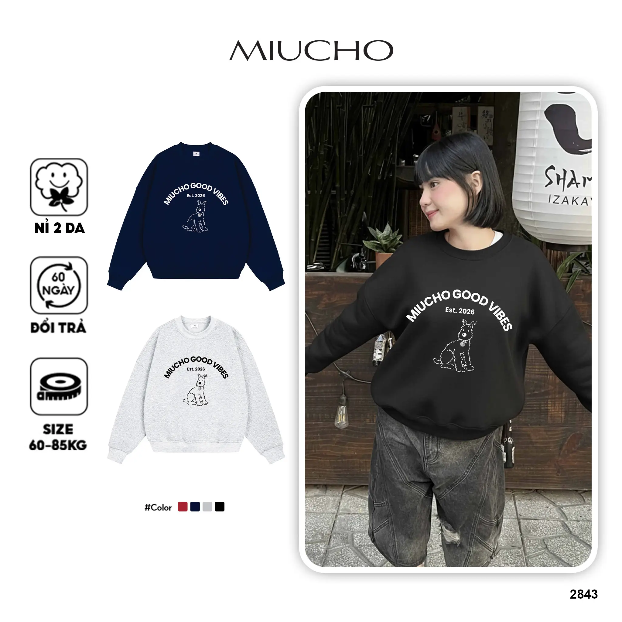 Áo Sweater form boxy Miucho vải nỉ 2 da cao cấp dày dặn thoáng mát cổ tròn basic in mix 2843