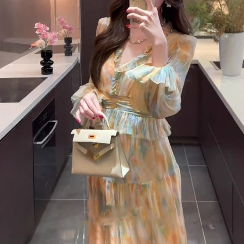Váy Maxi Vàng Phối Màu Dáng Dài Tay Dài Cổ V – Bộ Hai Mảnh Thanh Lịch_thumbnail_2
