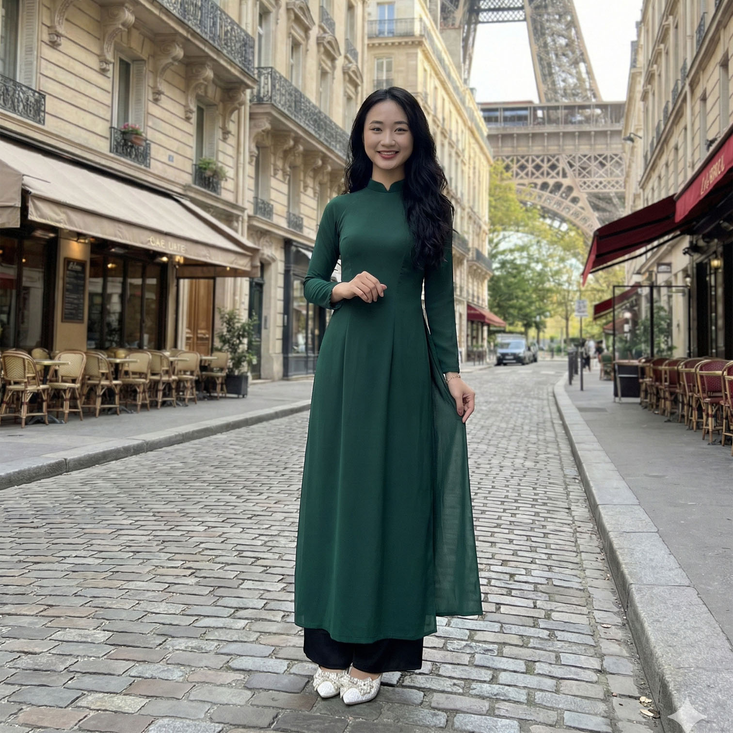 Áo Dài Truyền Thống Nữ 4 Tà Lụa Chifon Xanh Rêu - Có Bigsize TT25-02