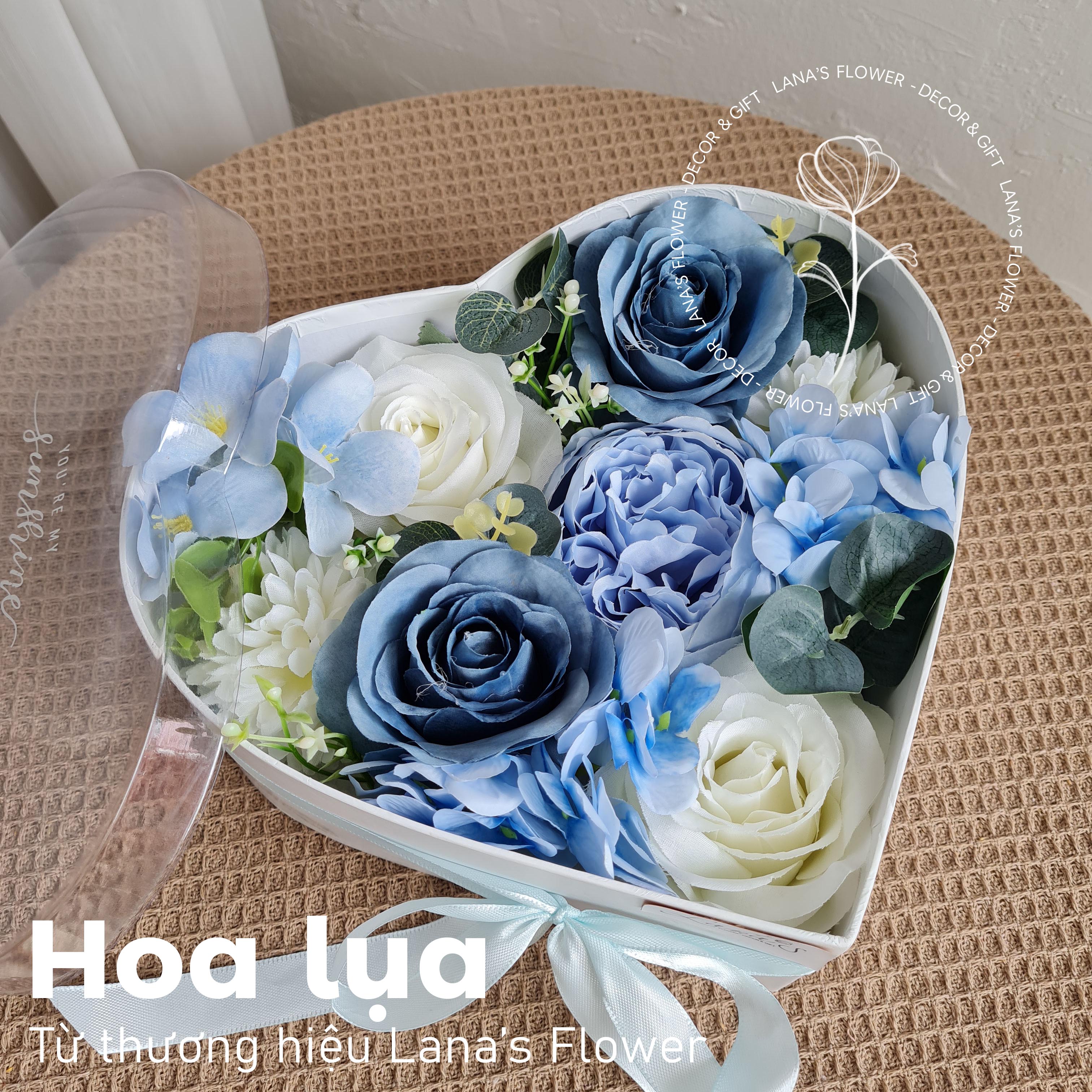 Hộp tim hoa lụa tone xanh Blue