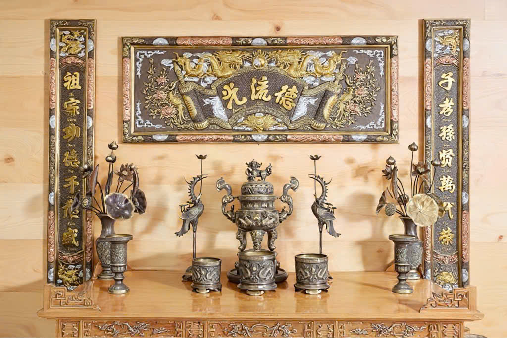 Bộ ngũ sự đầy đủ song long rồng đúc đồng vàng 2 CN