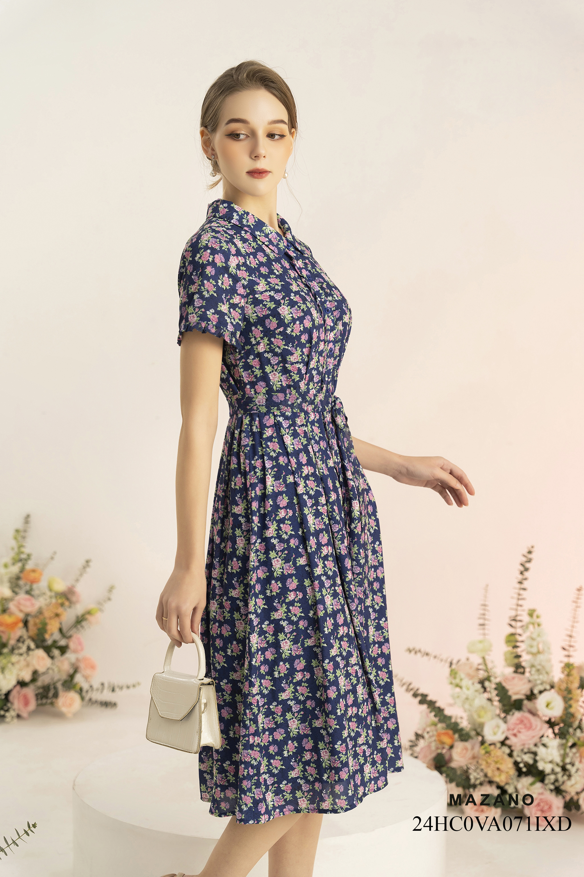 Đầm sơ mi xanh than phối bèo thắt đai eo_thumbnail_2