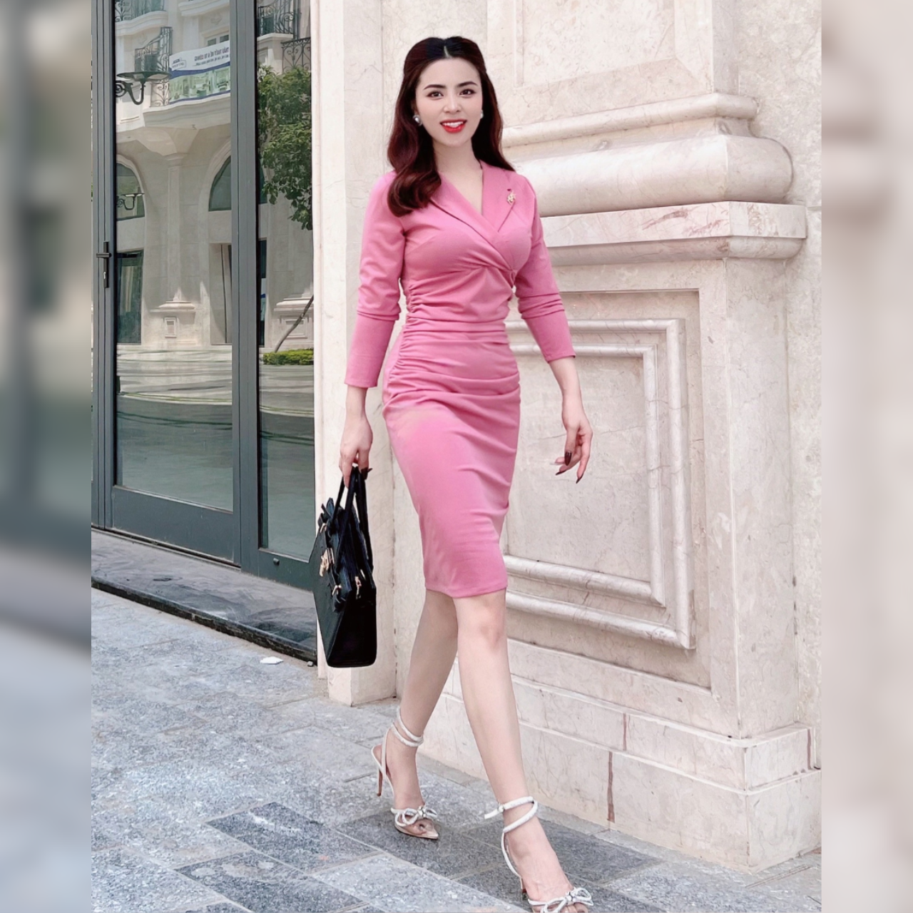 Đầm body cổ Vest tay dài nhún eo_thumbnail_2