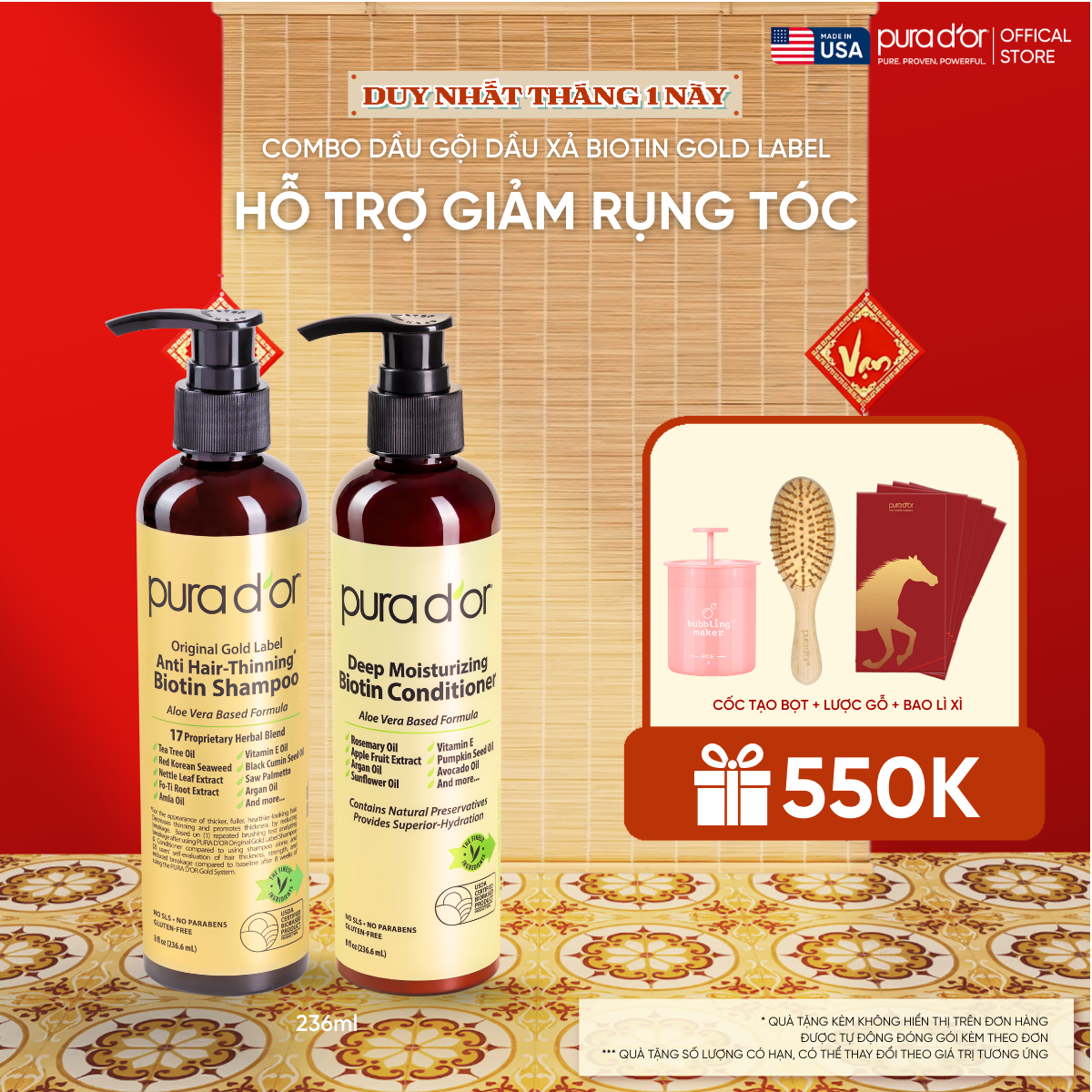 Combo Gội - Xả Biotin Pura D'or Original Gold Label & Deep Moisturizing Chăm Sóc Da Đầu, Dưỡng Ẩm Chuyên Sâu 236ml