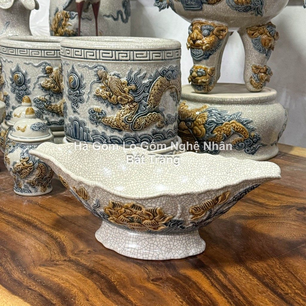 Đồ Thờ Cúng Bát Thuyền Gà Men Rạn Đắp Nổi Cao Cấp Bát Tràng_thumbnail_7