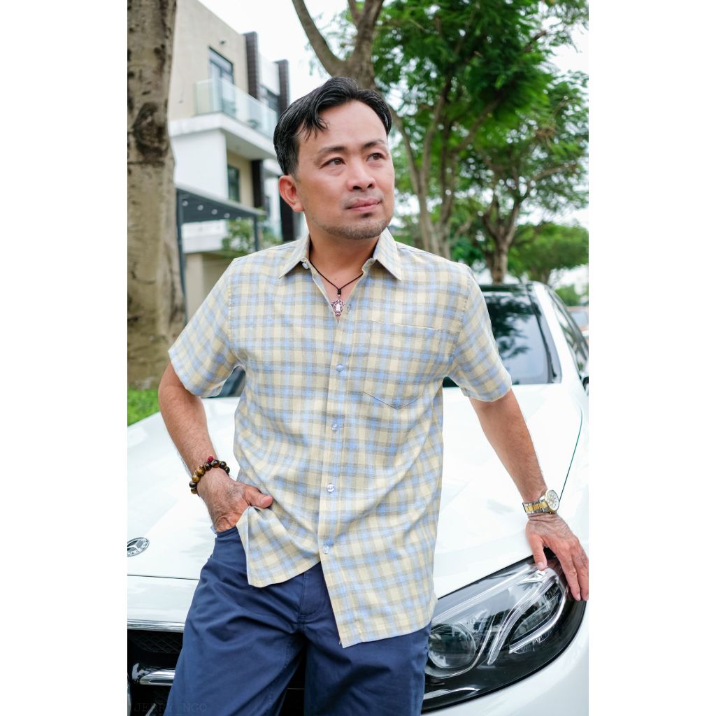 Áo sơ mi nam trung niên PAPAGO tay ngắn lai ngang vải đũi kẻ sọc caro - P23SNCR001_thumbnail_10