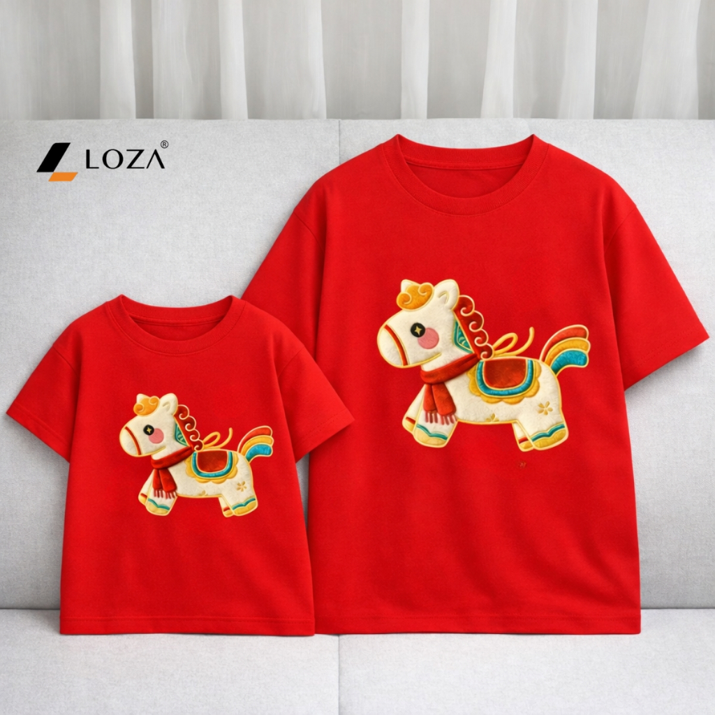 Áo phông gia đình Tết 2026 in hình Ngựa - Áo thun đồng phục gia đình 3-4-5 người - Loza GĐ3498-1_thumbnail_1