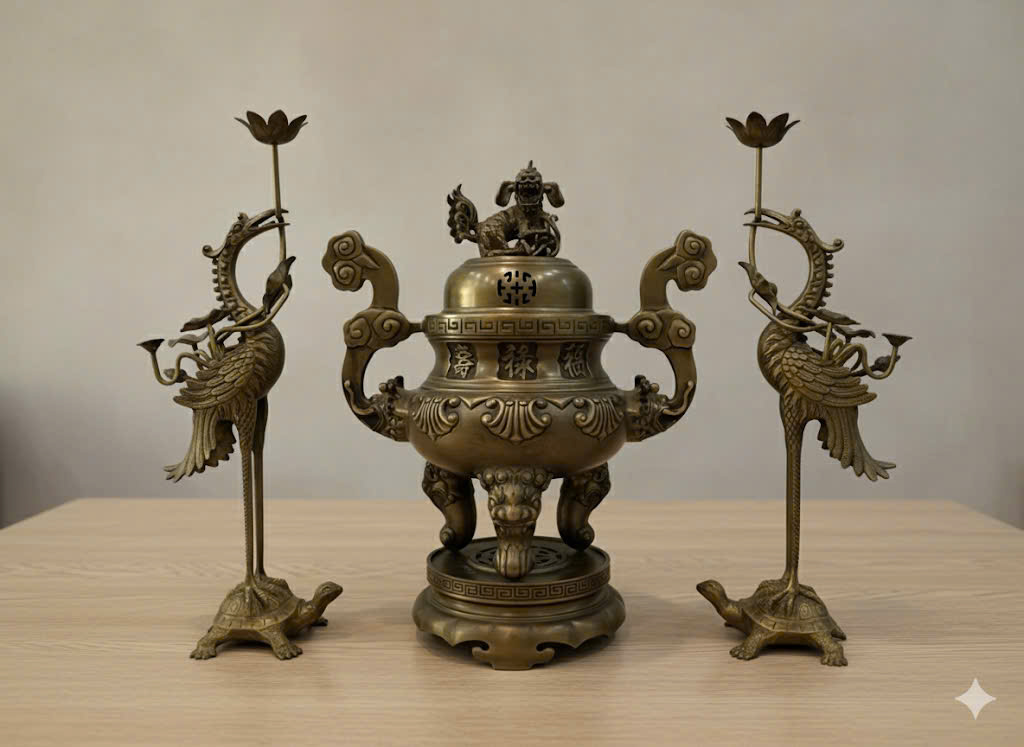 Bộ tam sự đồng vàng cao 50cm hun màu giả cổ hoa văn sòi 