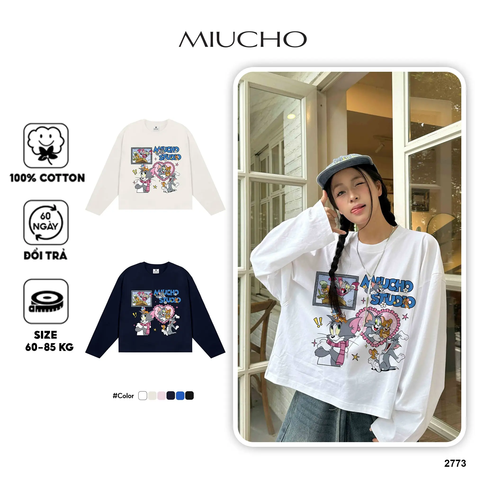 Áo thun boxy tay dài Miucho cotton thoáng mát dày dặn đứng form cổ tròn Tom & Jerry in mix 2773
