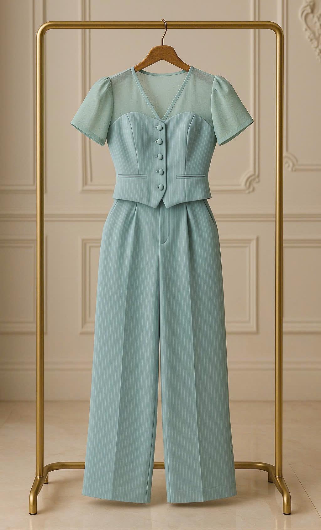 Set bộ đồ áo cổ V phối sọc phong cách_thumbnail_5