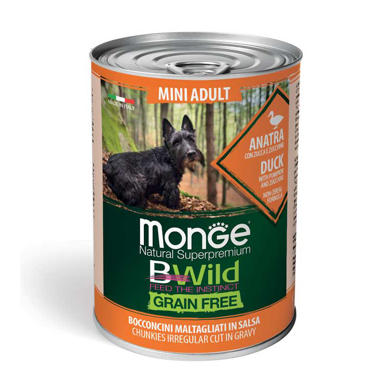Pate MONGE Bwild cho giống chó nhỏ Grain Free  400gr (Hương vị thịt Vịt, Bí đỏ và Bí Xanh)