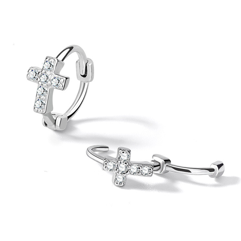 Khuyên tai Thánh Giá bạc unisex tròn nạm đá Zircon có chốt bấm/ trang sức Công Giáo KB02_thumbnail_2