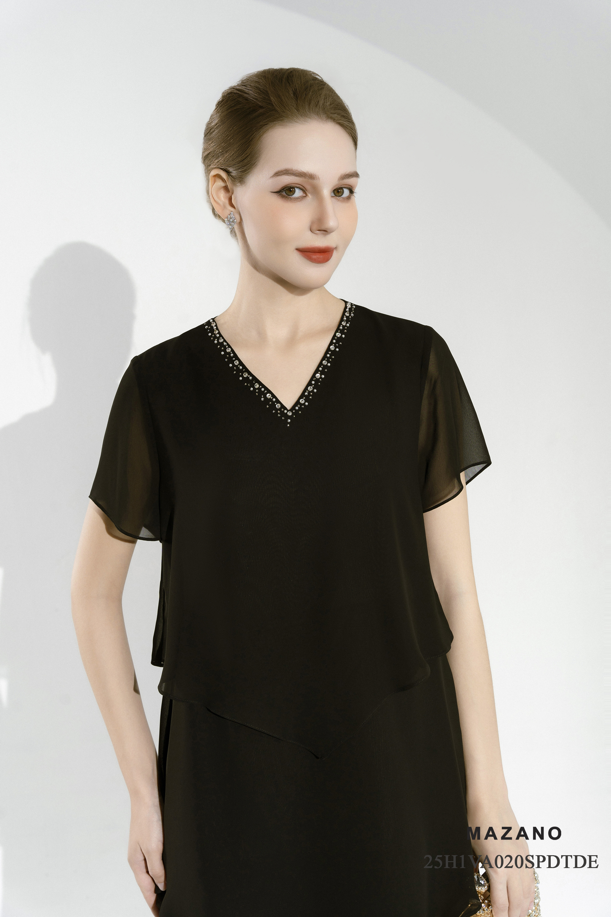 Váy Đầm Suông A layer Vải voan mỏng Đính trang trí Cổ V Tay ngắn Dài váy qua gối_thumbnail_3