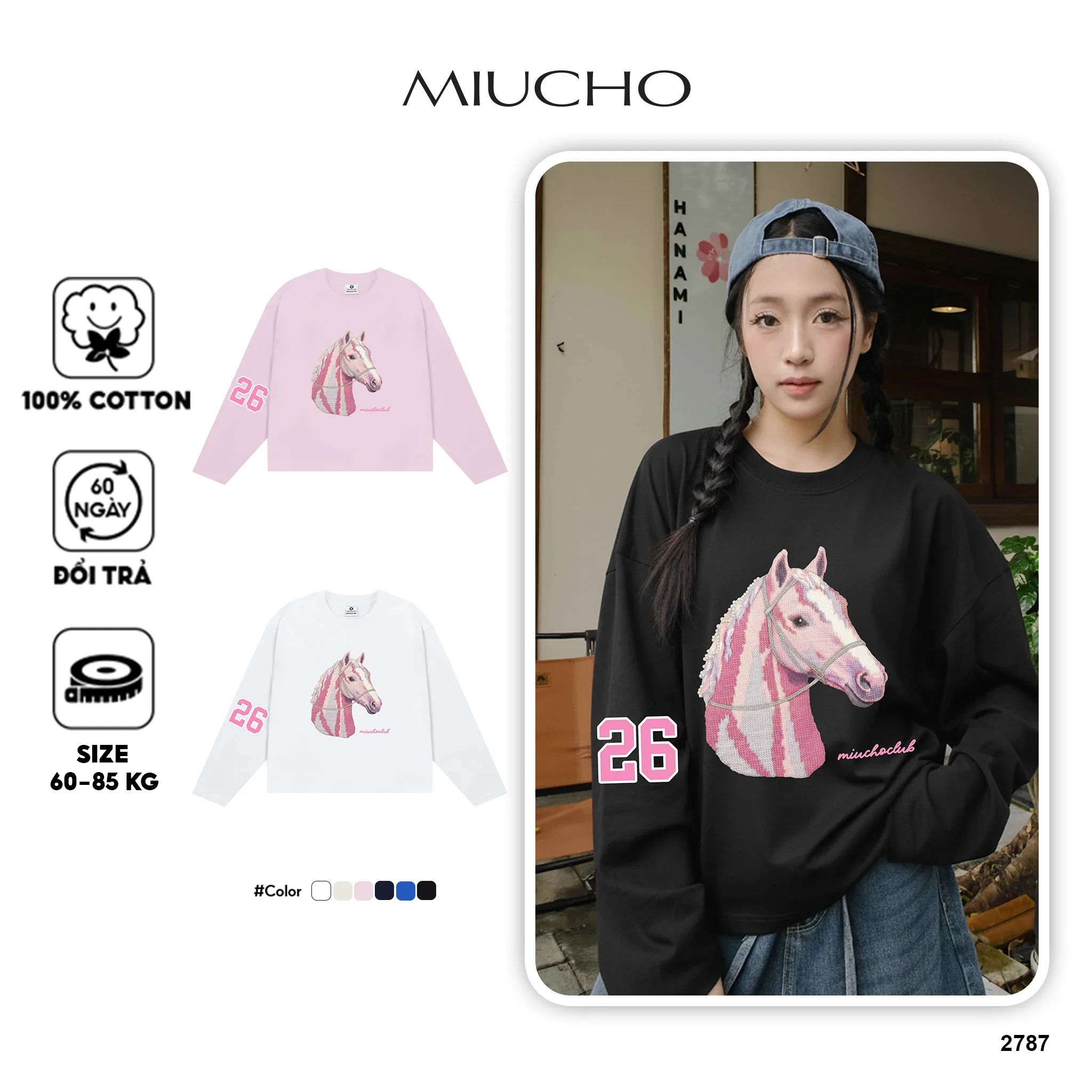 Áo thun boxy nữ tay dài Miucho cotton 2 chiều dày dặn thoáng mát hình ngựa 26 in mix 2787