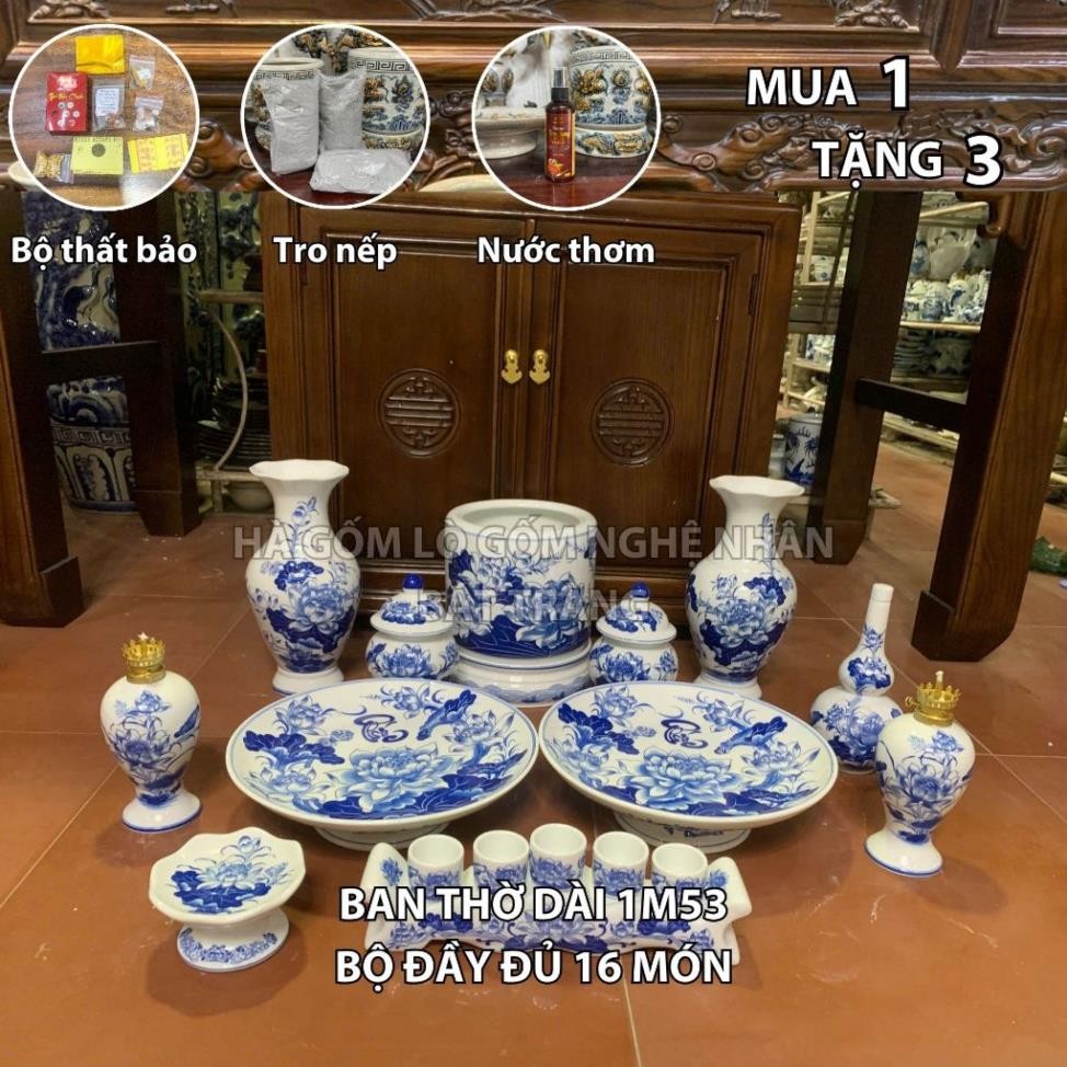 HG275 Đồ Thờ Cúng Bộ 16 món ban thờ 1M53 men trắng nghệ nhân Bát Tràng chế tác TẶNG Thất Bảo, Tro Nếp