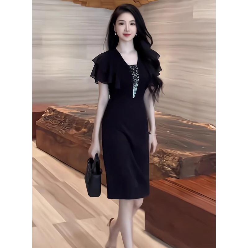 16618-Đầm body suông đen tay tiên ngực ép hạt (thun nhật, voan)_thumbnail_0