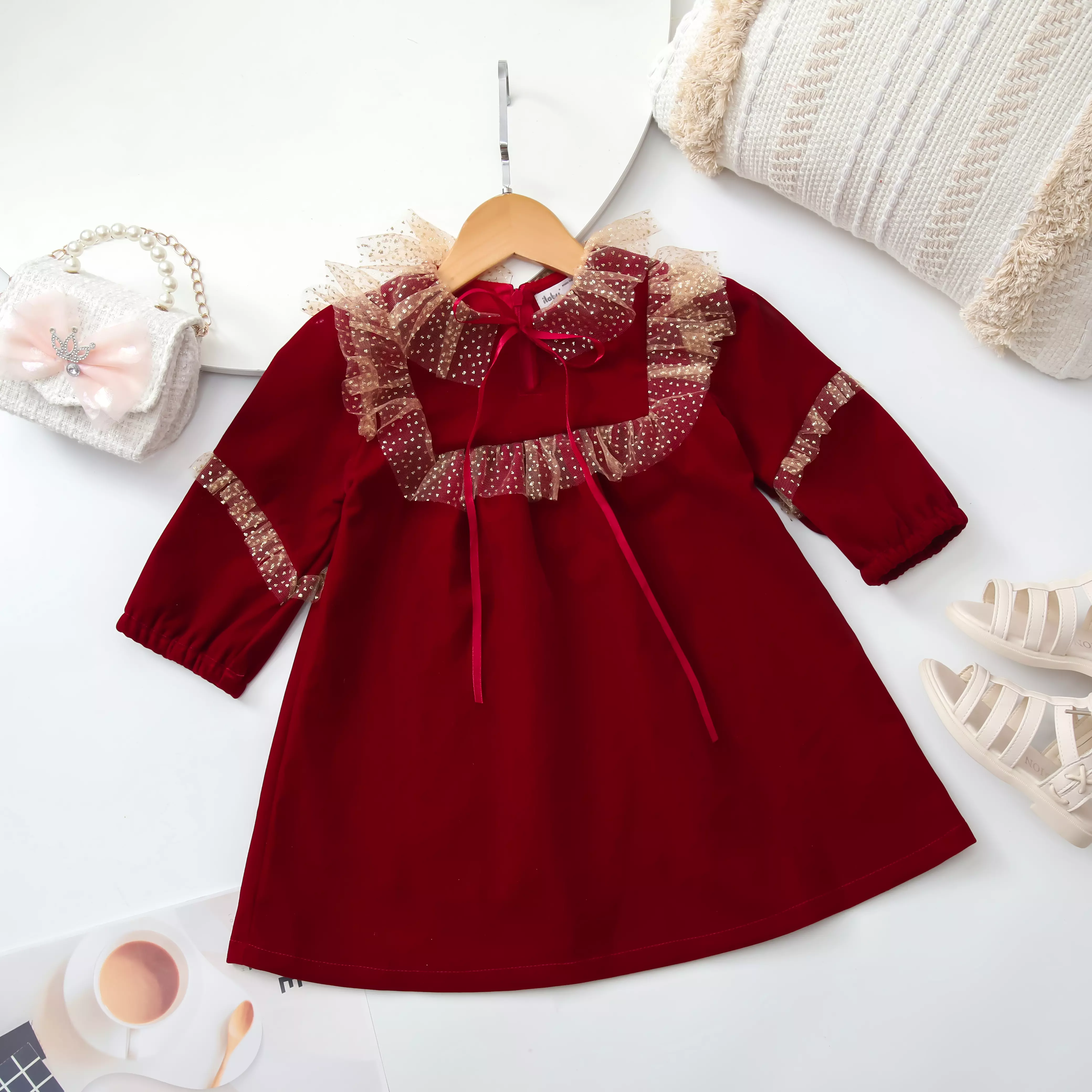 Váy nhung phối lưới cổ nơ_thumbnail_1