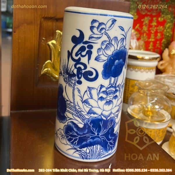 Ống Hương Sen Tài Lộc Men Lam2